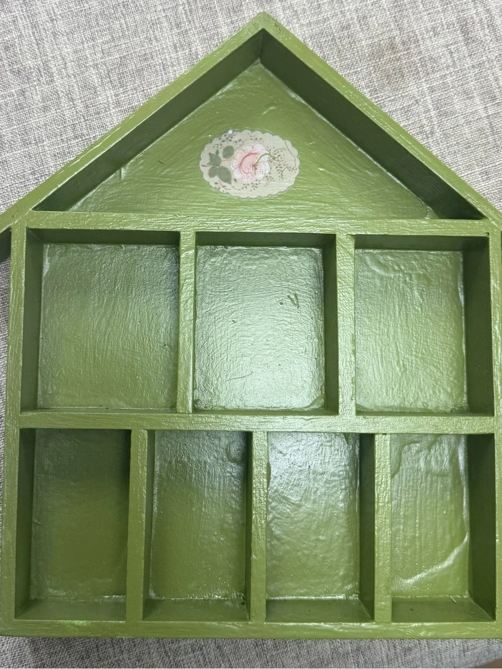 Green wooden cottage core house shaped shadow box / trinket display
